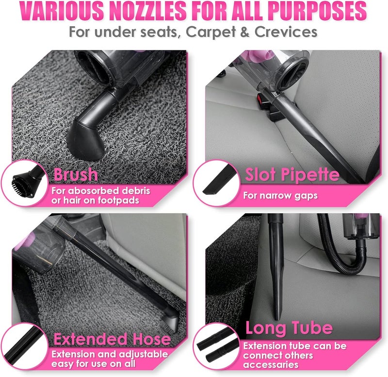 Viewsun 17pcs Car Cleaning Kit - Pink Car Interior Detailing Kit with High Power Handheld Vacuum and Accessories - Image 3