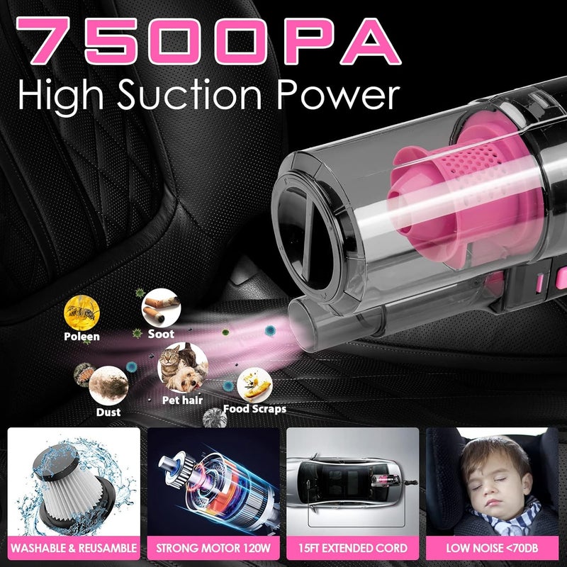 Viewsun 17pcs Car Cleaning Kit - Pink Car Interior Detailing Kit with High Power Handheld Vacuum and Accessories - Image 2