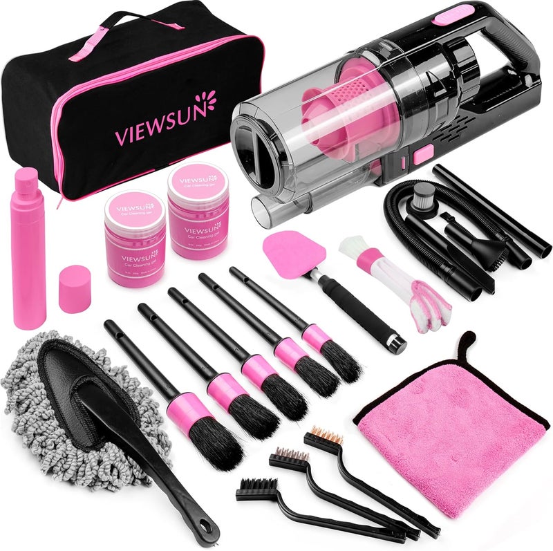 Viewsun 17pcs Car Cleaning Kit - Pink Car Interior Detailing Kit with High Power Handheld Vacuum and Accessories - Image 1