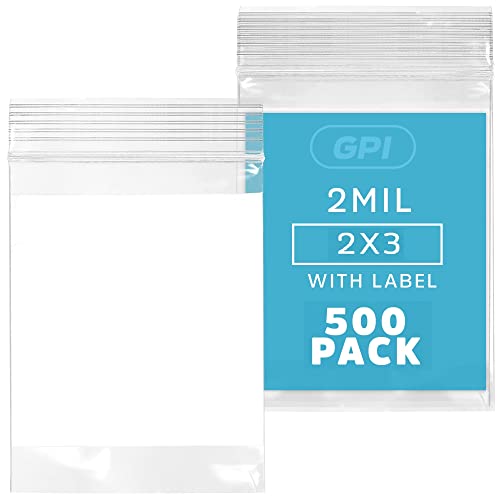 GPI 2Mil Small Plastic Bags 2 x 3 inches, 500 pack ZIP Bags, Write on White Block, Reclosable Zipper small plastic Storage Baggies GPI Brand, for Daily Vitamin, Pill, Jewelry, Candy - Image 1