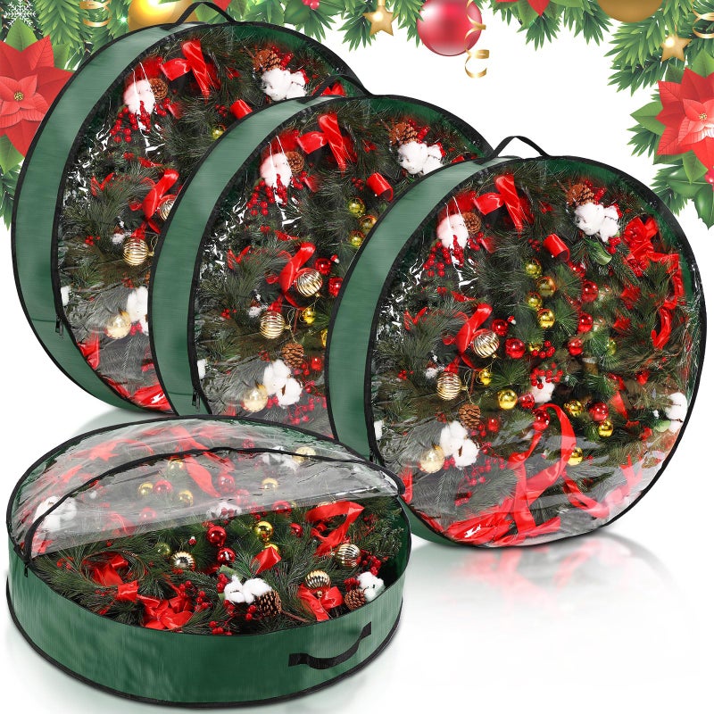 Aliceset 4 Pack Wreath Storage Containers Storage Bags with Window and Handles Durable Decoration Box Holder for Holiday36 x 36 x 78 InchGreen