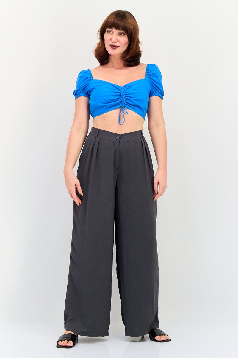 Bershka بلوزة قصيرة الأكمام على شكل V للنساء، زرقاء - Image 4