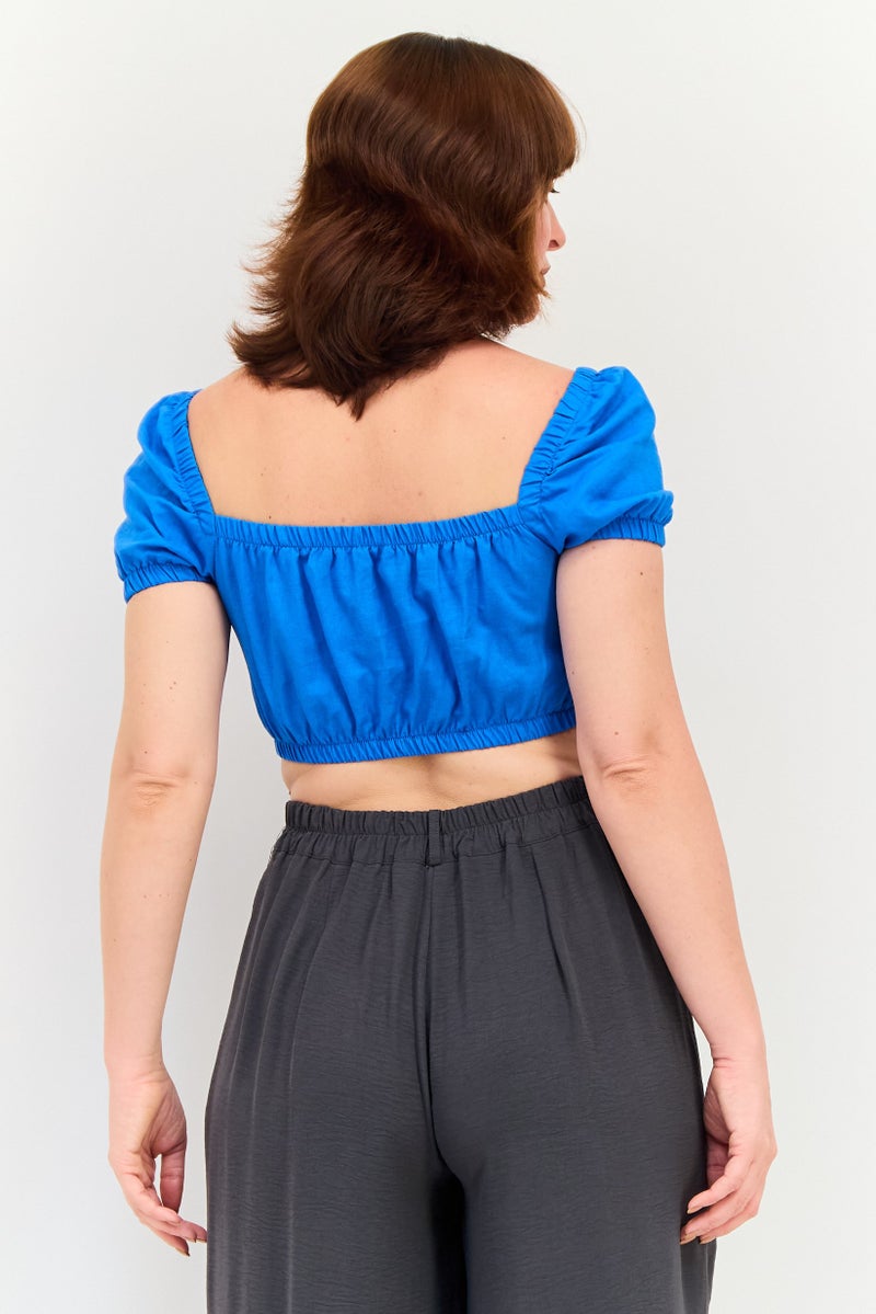 Bershka بلوزة قصيرة الأكمام على شكل V للنساء، زرقاء - Image 3