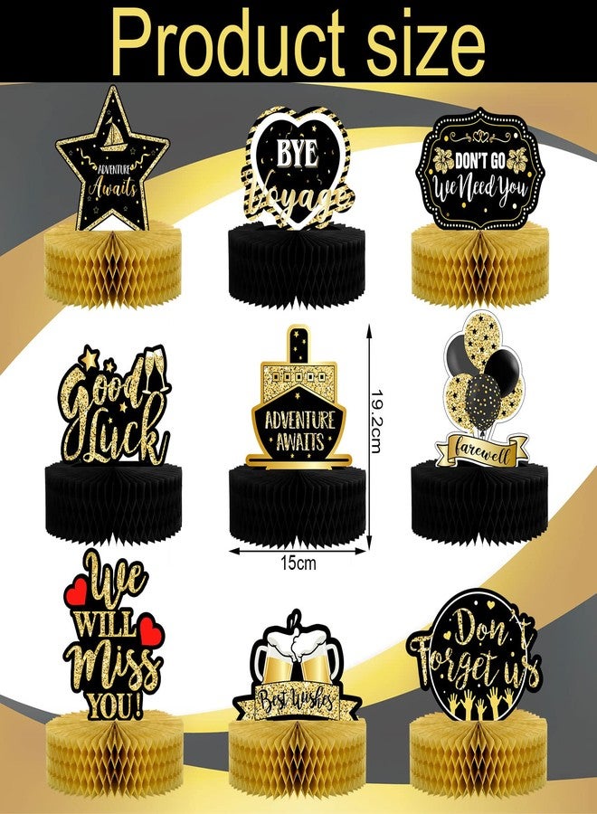 Marspark 9 Pcs Farewell Party Decorations Going Away Party Decorations We Will Miss You Table Honeycomb Centerpieces Black and Gold 3D Table Centerpiece for Retirement Graduation Supplies - Image 2