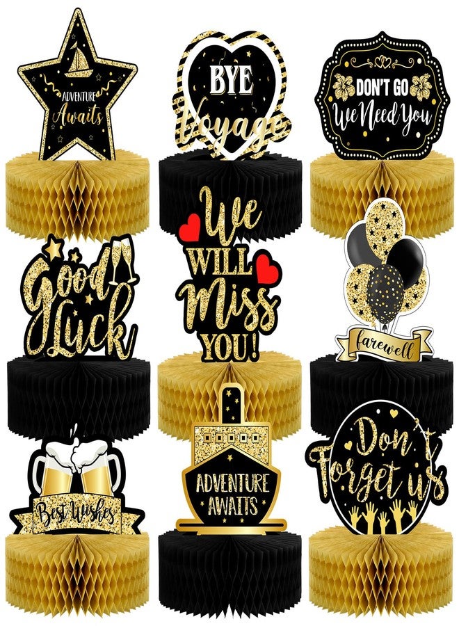 Marspark 9 Pcs Farewell Party Decorations Going Away Party Decorations We Will Miss You Table Honeycomb Centerpieces Black and Gold 3D Table Centerpiece for Retirement Graduation Supplies - Image 1