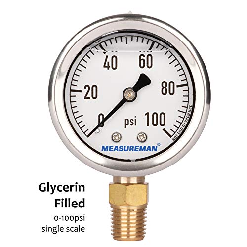 MEASUREMAN 2" Dial Size, Glycerin Filled Plumbing Pressure Gauge, 0-100psi, Black Steel Case, 1/4" NPT Lower Mount - Image 3