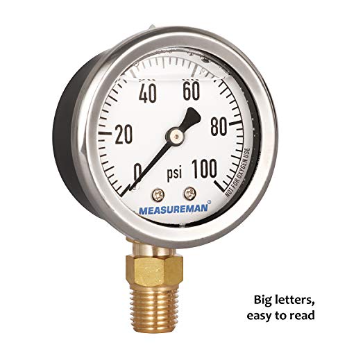 MEASUREMAN 2" Dial Size, Glycerin Filled Plumbing Pressure Gauge, 0-100psi, Black Steel Case, 1/4" NPT Lower Mount - Image 2