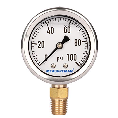 MEASUREMAN 2" Dial Size, Glycerin Filled Plumbing Pressure Gauge, 0-100psi, Black Steel Case, 1/4" NPT Lower Mount - Image 1