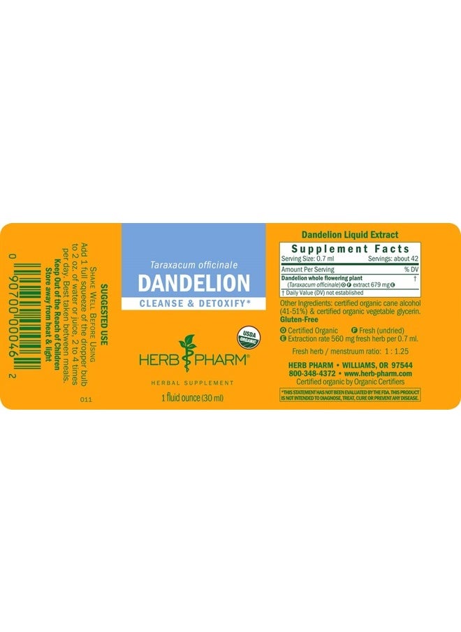 HERB PHARM Certified Organic Dandelion Liquid Extract for Cleansing and Detoxification, Organic Cane Alcohol, 1 Ounce  - Image 2