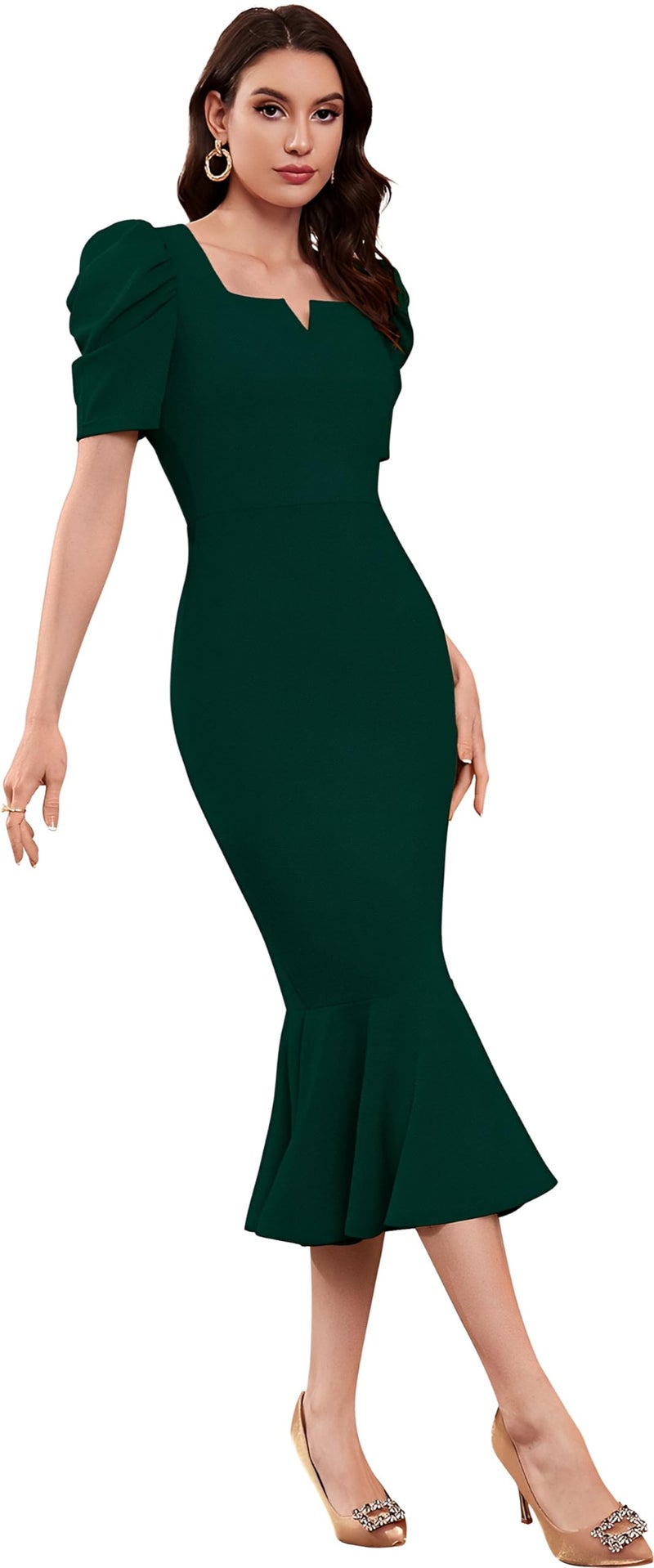 SATPURUSH Women's Lycra Blend Sweet-Heart Neck Puff Sleeve Fit and Flared Calf Length Casual Bodycon Dress for Party, Office, Meetings Etc. (Green, XXL) - Image 3