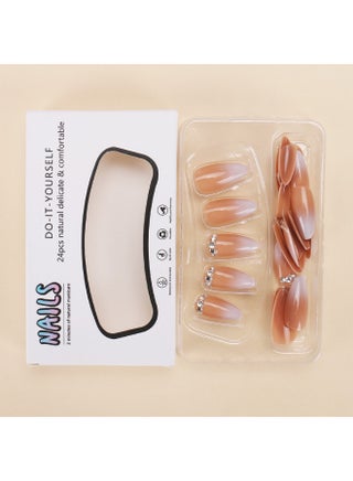24Pcs French Ombre Press on Nails with Rhinestones, Medium Almond Nude Gradient Fake Nails, 3D Crystal Gem Artificial Finger Nails, Reusable Glue-On Manicure Set for Women - view 3