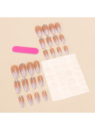 24Pcs French Ombre Press on Nails with Rhinestones, Medium Almond Nude Gradient Fake Nails, 3D Crystal Gem Artificial Finger Nails, Reusable Glue-On Manicure Set for Women - view 2