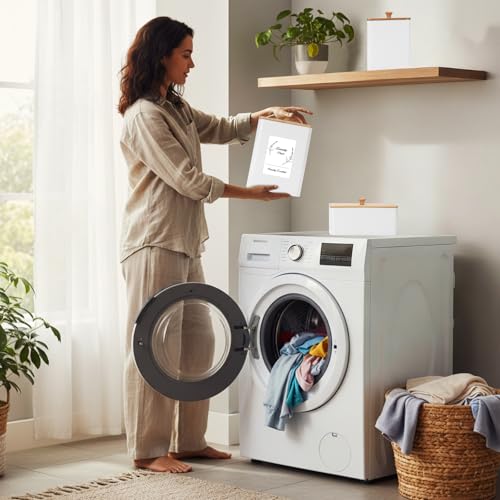 Vesici 3 Pcs Metal Laundry Pod Container 2 Pcs Scoops Dryer Sheet Holder Laundry Room Organizer Storage Jar with Airtight Wood Lid Label for Powder Detergent Dispenser Dryer Ball Bead Room Decor - Image 5