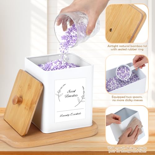 Vesici 3 Pcs Metal Laundry Pod Container 2 Pcs Scoops Dryer Sheet Holder Laundry Room Organizer Storage Jar with Airtight Wood Lid Label for Powder Detergent Dispenser Dryer Ball Bead Room Decor - Image 3