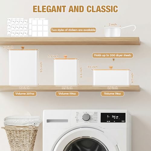 Vesici 3 Pcs Metal Laundry Pod Container 2 Pcs Scoops Dryer Sheet Holder Laundry Room Organizer Storage Jar with Airtight Wood Lid Label for Powder Detergent Dispenser Dryer Ball Bead Room Decor - Image 2
