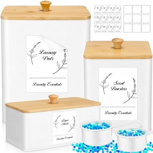 Vesici 3 Pcs Metal Laundry Pod Container 2 Pcs Scoops Dryer Sheet Holder Laundry Room Organizer Storage Jar with Airtight Wood Lid Label for Powder Detergent Dispenser Dryer Ball Bead Room Decor - Image 1