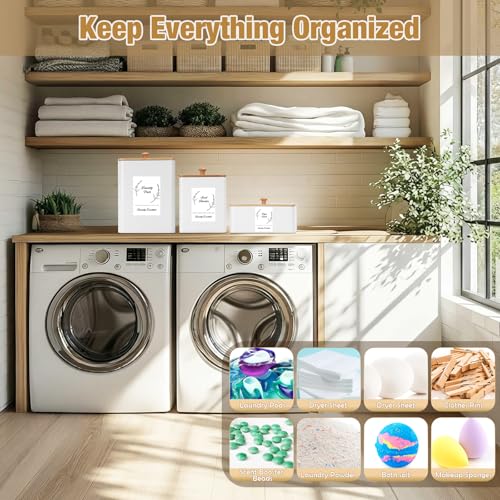 Vesici 3 Pcs Metal Laundry Pod Container 2 Pcs Scoops Dryer Sheet Holder Laundry Room Organizer Storage Jar with Airtight Wood Lid Label for Powder Detergent Dispenser Dryer Ball Bead Room Decor - Image 4