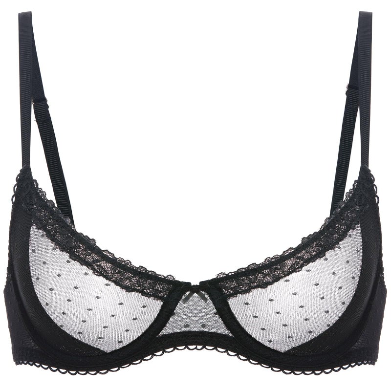 DOBREVA Women's Balconette Lace Bra See Through Demi Sheer Mesh Plus Size Underwire Black 38C - Image 2