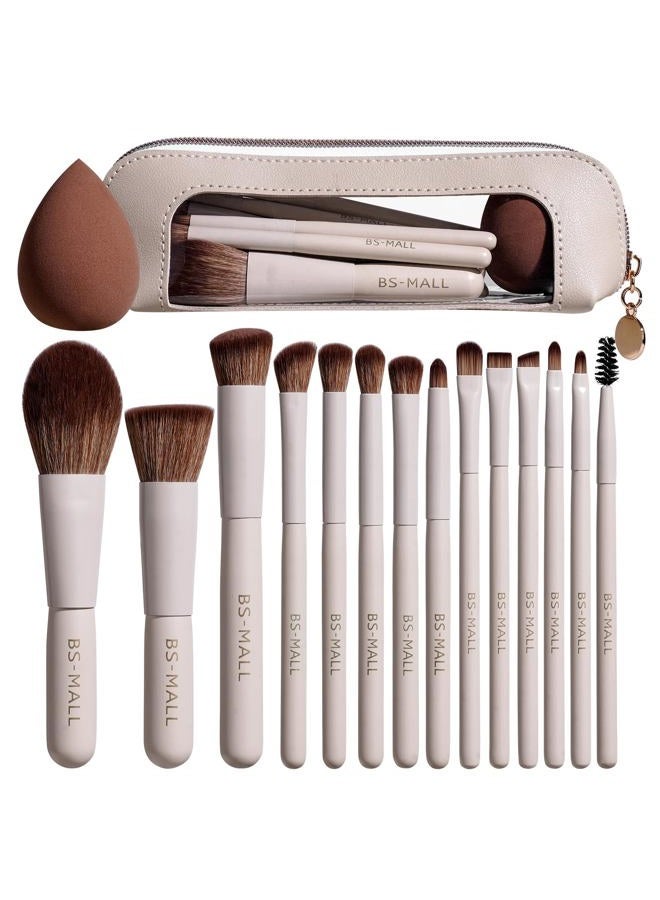 BS Mall 14 Pcs Makeup Brushes Set with 1 Pcs Makeup Sponge – Essential Foundation Powder Concealers, Eye Shadows, Blush Makeup Brushes with Travel Makeup Case (Beige) - Image 1