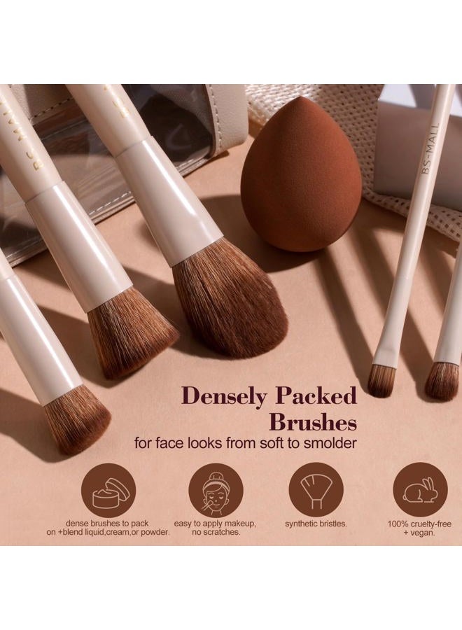 BS Mall 14 Pcs Makeup Brushes Set with 1 Pcs Makeup Sponge – Essential Foundation Powder Concealers, Eye Shadows, Blush Makeup Brushes with Travel Makeup Case (Beige) - Image 4