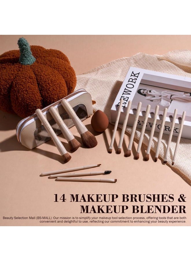 BS Mall 14 Pcs Makeup Brushes Set with 1 Pcs Makeup Sponge – Essential Foundation Powder Concealers, Eye Shadows, Blush Makeup Brushes with Travel Makeup Case (Beige) - Image 2