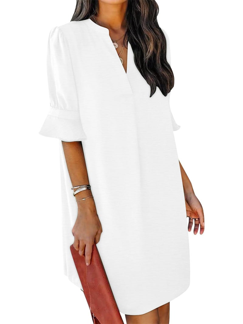 KISSMODA White Dress Women Summer 2026 V Neck Ruffle Short Sleeve Casual Boho Flowy Shift Dress Wedding Dress X-Large - Image 1