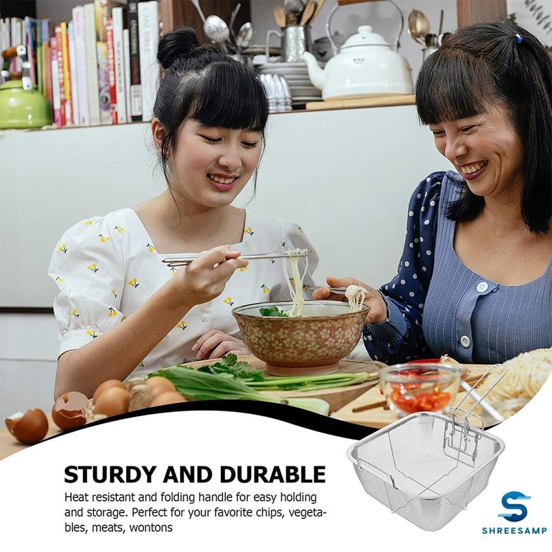 SHREESAMP Fried Basket Stainless Steel Deep Fry Square Wire Mesh Basket French Chip Frying with Folding Removable Handle for Kitchen Chips Basket Net Fries Square Fish Fryer Strainer Colander - Image 3