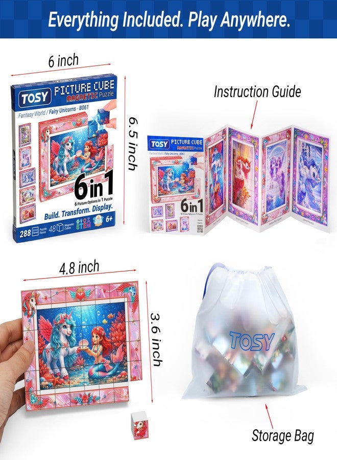 TOSY Picture Cube Fairy Unicorns: 6-in-1 Magnetic Picture Puzzle, 48 Blocks, 288 Faces/Magnets, 0.6 in, B061, Seamless UV Art, Display-Ready Frame, Collectible, STEM/STEAM Gift for Kids & Adults - Image 3