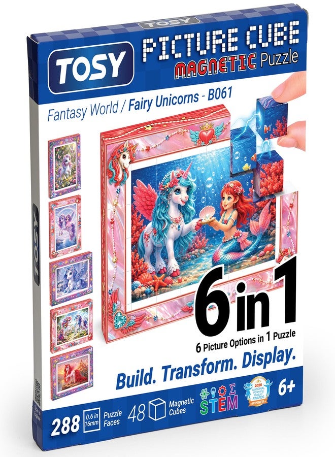 TOSY Picture Cube Fairy Unicorns: 6-in-1 Magnetic Picture Puzzle, 48 Blocks, 288 Faces/Magnets, 0.6 in, B061, Seamless UV Art, Display-Ready Frame, Collectible, STEM/STEAM Gift for Kids & Adults - Image 1