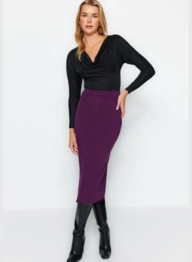 trendyol Purple Smart Crepe with Belt Detailed Fleece Pocket Midi Pencil High Waist, Flexible Knitted Skirt TWOAW24ET00162