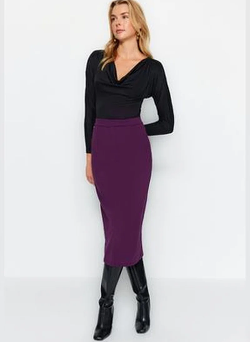trendyol Purple Smart Crepe with Belt Detailed Fleece Pocket Midi Pencil High Waist, Flexible Knitted Skirt TWOAW24ET00162