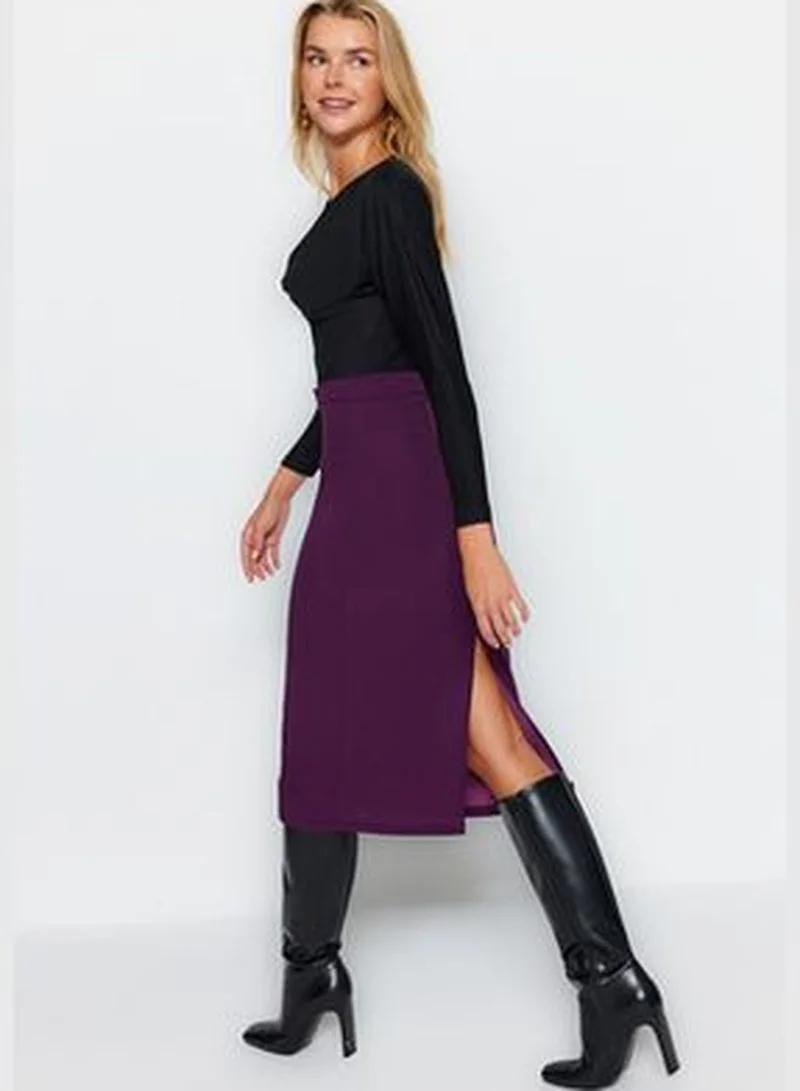 trendyol Purple Smart Crepe with Belt Detailed Fleece Pocket Midi Pencil High Waist, Flexible Knitted Skirt TWOAW24ET00162