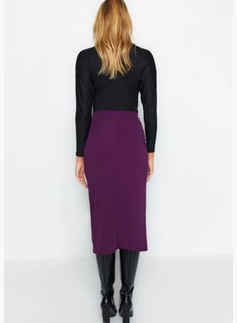 trendyol Purple Smart Crepe with Belt Detailed Fleece Pocket Midi Pencil High Waist, Flexible Knitted Skirt TWOAW24ET00162