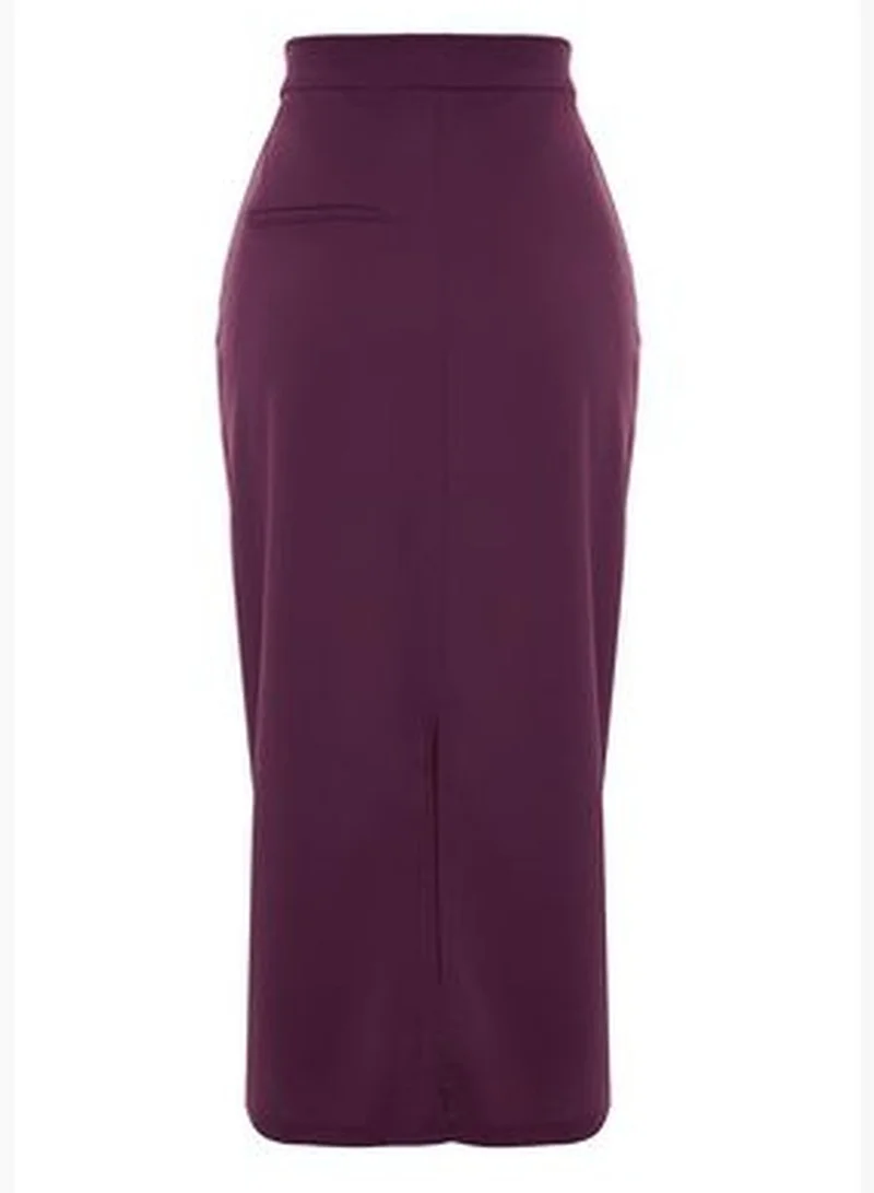 trendyol Purple Smart Crepe with Belt Detailed Fleece Pocket Midi Pencil High Waist, Flexible Knitted Skirt TWOAW24ET00162