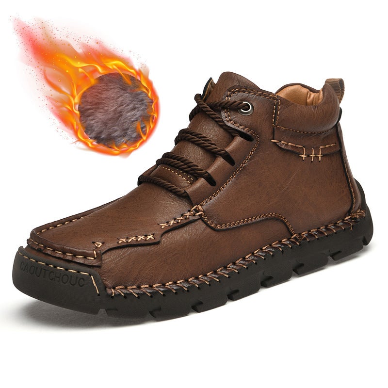 Large Size Men'S High-Top Shoes Winter Velvet Warm Men'S Leather Boots Casual Boots Hand-Stitched Men'S Shoes - Image 1