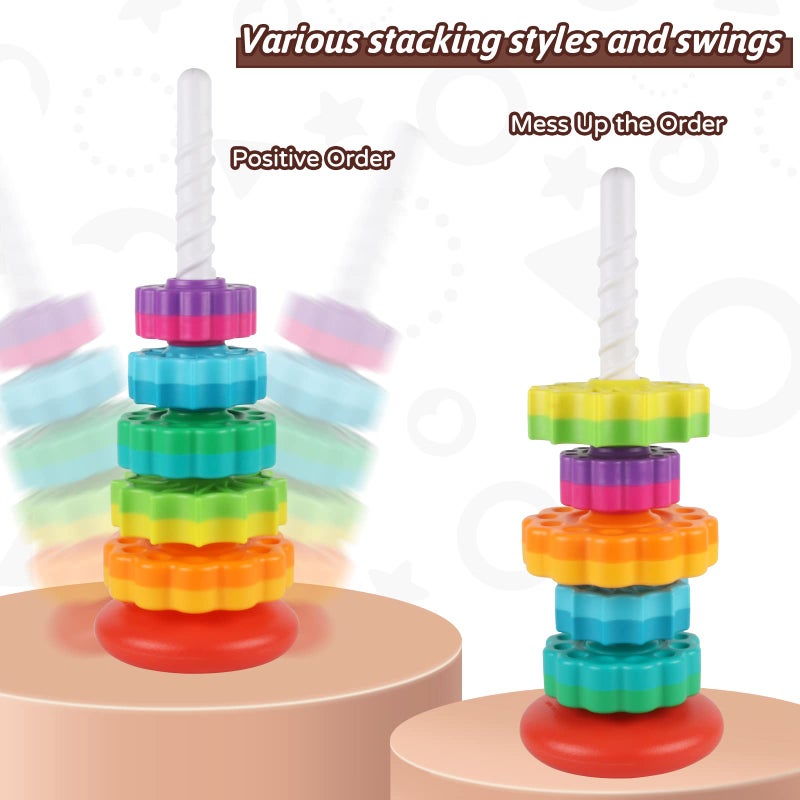 JUXUE Baby Spinning Stacking Toys for Toddlers 1-3, Rainbow Ring Stacker Montessori Toys for Babies 6-12 Months, 1 2 3 One Year Old Girl Boy Christmas Birthday Gifts, Autism Sensory Learning Toy - Image 3