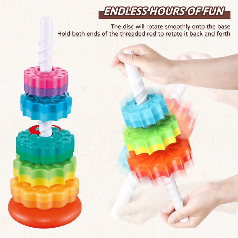 JUXUE Baby Spinning Stacking Toys for Toddlers 1-3, Rainbow Ring Stacker Montessori Toys for Babies 6-12 Months, 1 2 3 One Year Old Girl Boy Christmas Birthday Gifts, Autism Sensory Learning Toy - Image 4