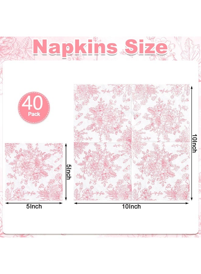 40 Pcs Pink Floral Napkins, Pink and White Toile Cocktail Napkin Vintage Flower Butterfly Design Decoupage Napkin for Girls Birthday, Wedding, Bridal Baby Shower, Tea Party - Image 2