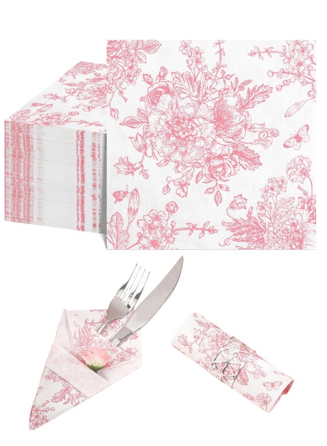 40 Pcs Pink Floral Napkins, Pink and White Toile Cocktail Napkin Vintage Flower Butterfly Design Decoupage Napkin for Girls Birthday, Wedding, Bridal Baby Shower, Tea Party - Image 1