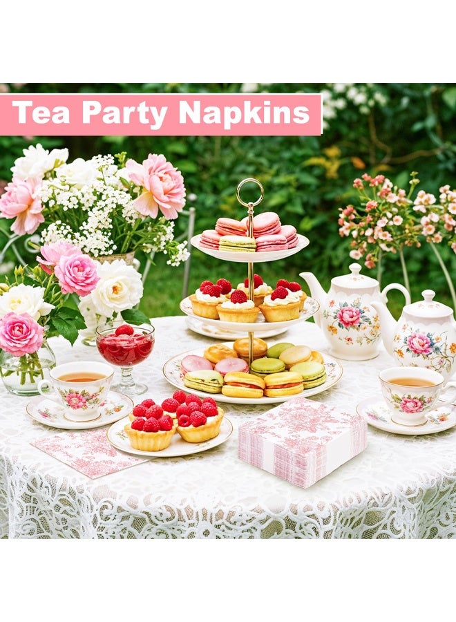 40 Pcs Pink Floral Napkins, Pink and White Toile Cocktail Napkin Vintage Flower Butterfly Design Decoupage Napkin for Girls Birthday, Wedding, Bridal Baby Shower, Tea Party - Image 5
