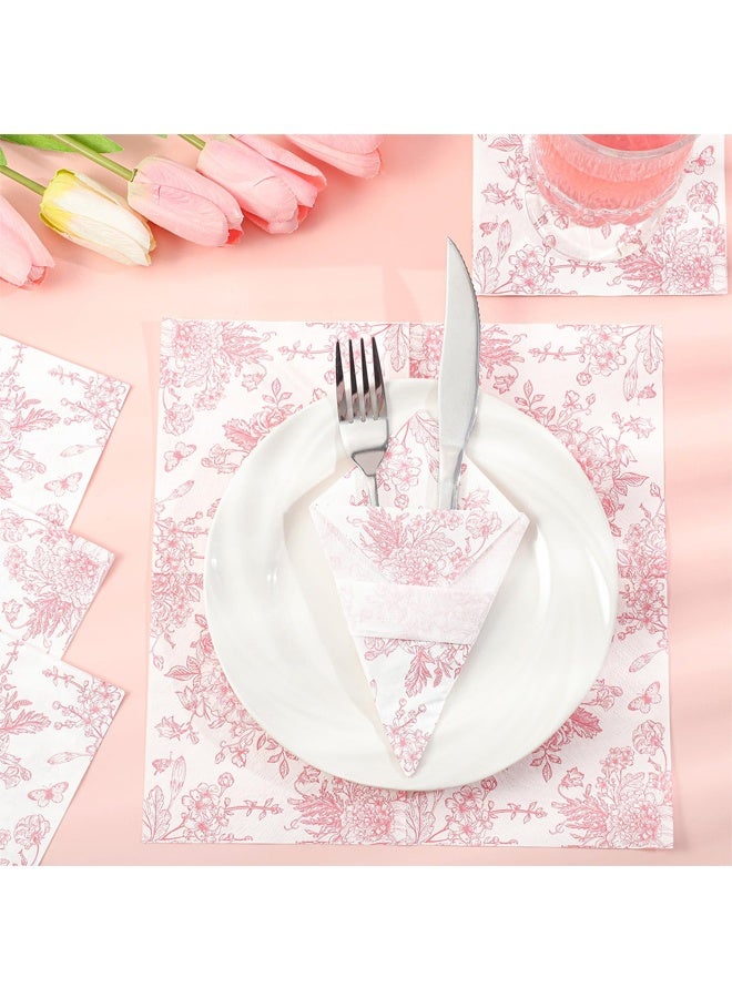 40 Pcs Pink Floral Napkins, Pink and White Toile Cocktail Napkin Vintage Flower Butterfly Design Decoupage Napkin for Girls Birthday, Wedding, Bridal Baby Shower, Tea Party - Image 4