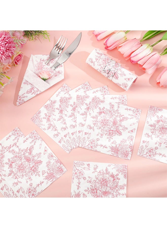 40 Pcs Pink Floral Napkins, Pink and White Toile Cocktail Napkin Vintage Flower Butterfly Design Decoupage Napkin for Girls Birthday, Wedding, Bridal Baby Shower, Tea Party - Image 3