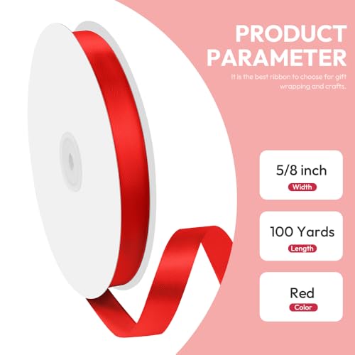 Quhora 5/8" x 100 Yards Satin Ribbon - Red Silk Ribbon with Spool - Ideal for Gift Wrapping, Floral Bouquets, Crafts, Wedding Party Decorations, Christmas and Sewing Projects - Image 2