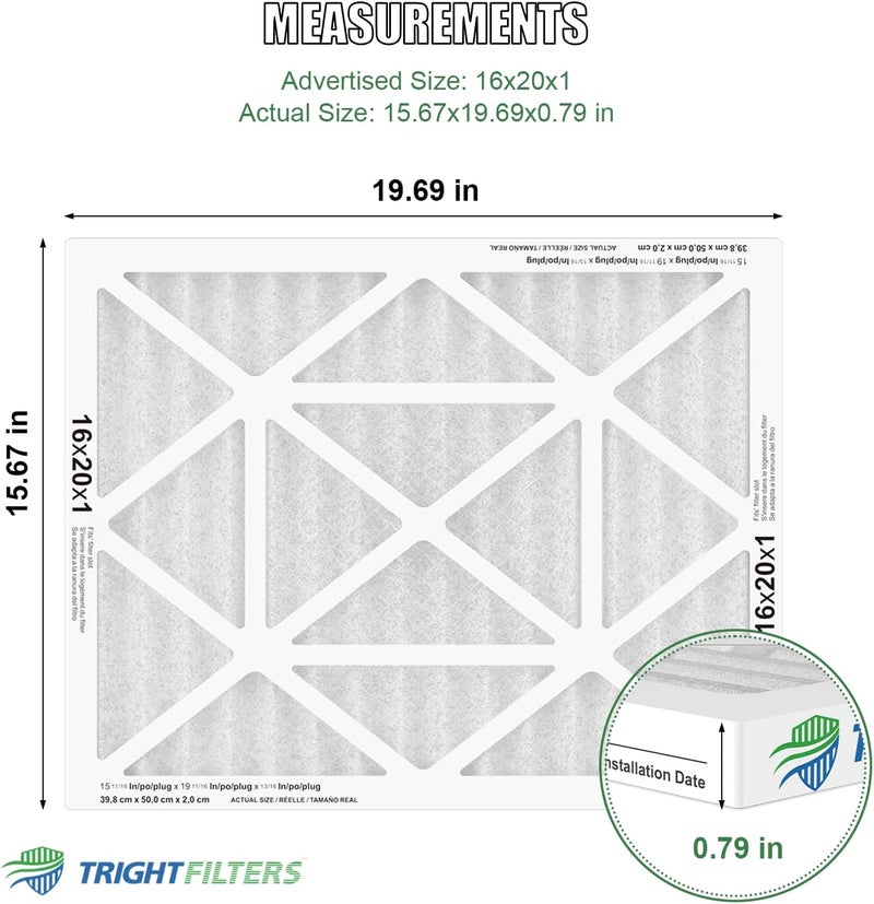 TRIGHTFILTERS فلتر هواء 16x20x1 عبوة 6، فلتر HVAC منزلي متين MERV 8 مطوي، فلتر مكيف هواء خفيف الوزن مضغوط استبدال - Image 2