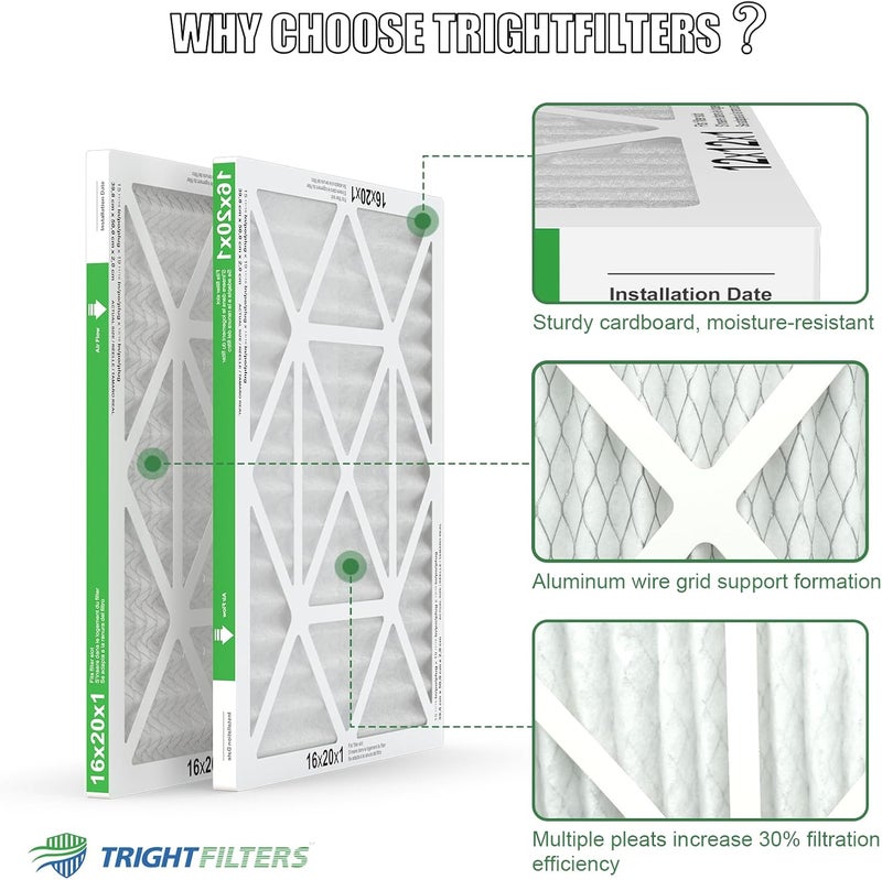 TRIGHTFILTERS فلتر هواء 16x20x1 عبوة 6، فلتر HVAC منزلي متين MERV 8 مطوي، فلتر مكيف هواء خفيف الوزن مضغوط استبدال - Image 3