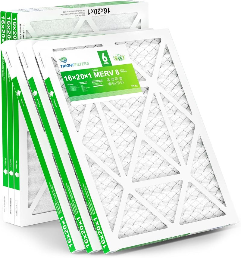 TRIGHTFILTERS فلتر هواء 16x20x1 عبوة 6، فلتر HVAC منزلي متين MERV 8 مطوي، فلتر مكيف هواء خفيف الوزن مضغوط استبدال - Image 1