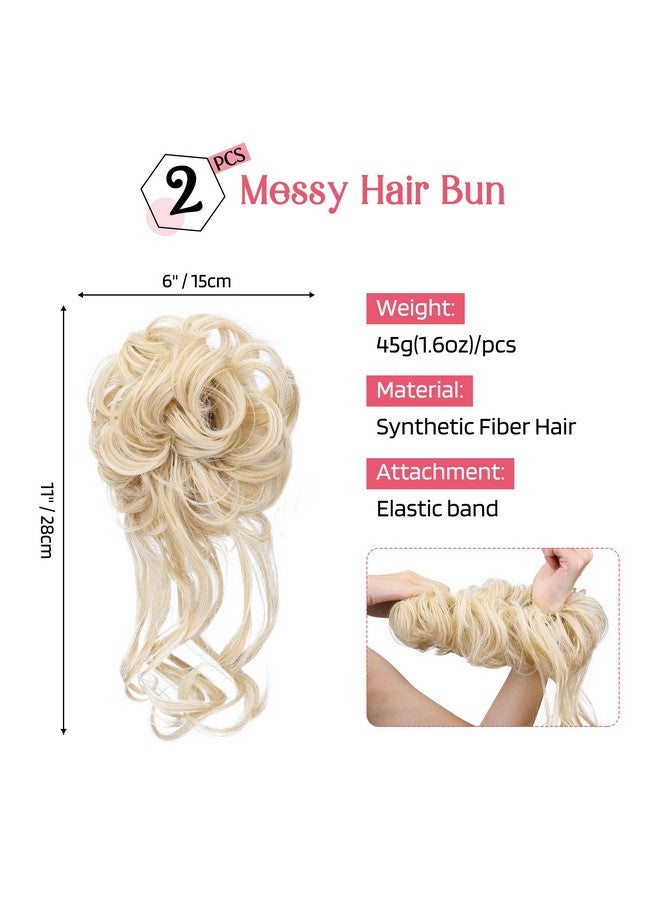 HOOJIH Messy Bun Hair Piece, 2PCS Tousled Updo with Tendrils Hair Bun Extensions Wavy Curly Hair Wrap Ponytail Hairpieces Thick Hair Scrunchies for Women HB010 Dasiy - Cool Light Blonde - Image 2