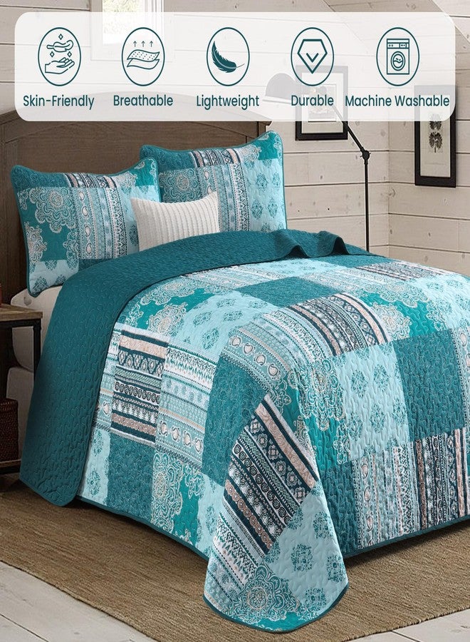 Dintszyayue Patchwork Quilt Set Queen Size,3 Pieces Teal Boho Bedspread Coverlet Set Turquoise Plaid Bohemian Quilt Bedding Set Reversible Bed Cover Soft Lightweight Coverlet Set (Queen,96"x90") - Image 2