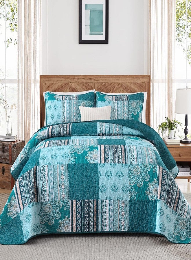 Dintszyayue Patchwork Quilt Set Queen Size,3 Pieces Teal Boho Bedspread Coverlet Set Turquoise Plaid Bohemian Quilt Bedding Set Reversible Bed Cover Soft Lightweight Coverlet Set (Queen,96"x90") - Image 1