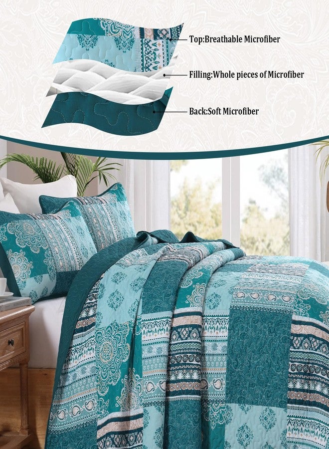 Dintszyayue Patchwork Quilt Set Queen Size,3 Pieces Teal Boho Bedspread Coverlet Set Turquoise Plaid Bohemian Quilt Bedding Set Reversible Bed Cover Soft Lightweight Coverlet Set (Queen,96"x90") - Image 4